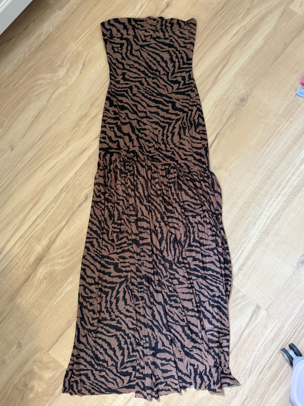 Brown and Black Zebra Print Strapless Maxi Dress